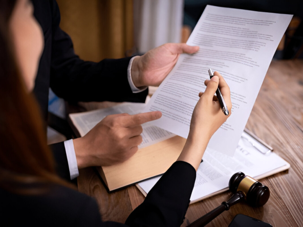 "Buyer reviewing documents and discussing property details with real estate developer before purchasing new property."